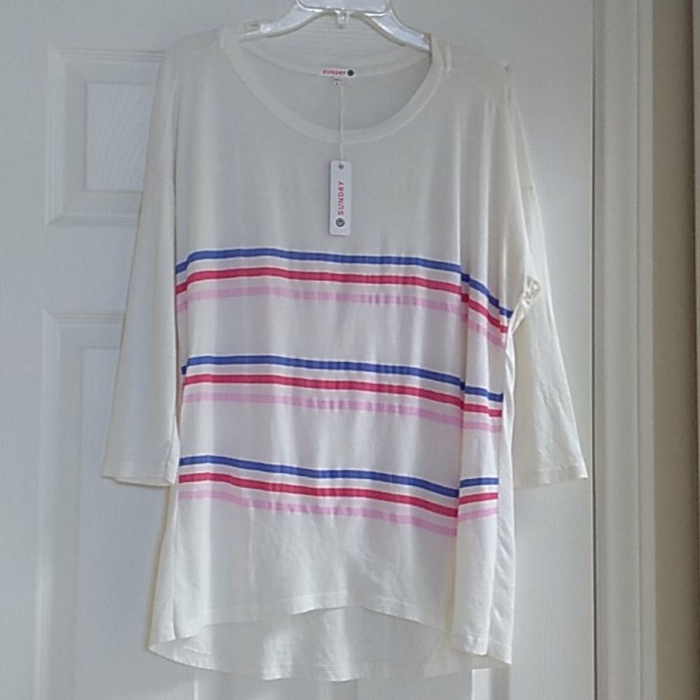 Sundry Cream & Pink Blue Stripe 3/4 Sleeve Top